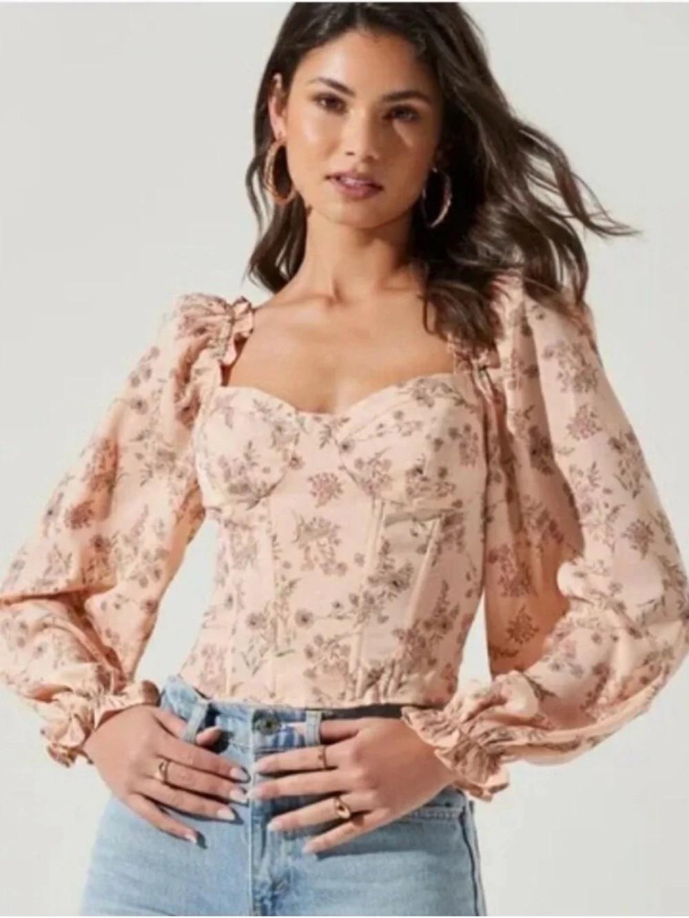 ASTR the‎ Label Paola Floral Print Long Sleeve Crop Corset  - Medium